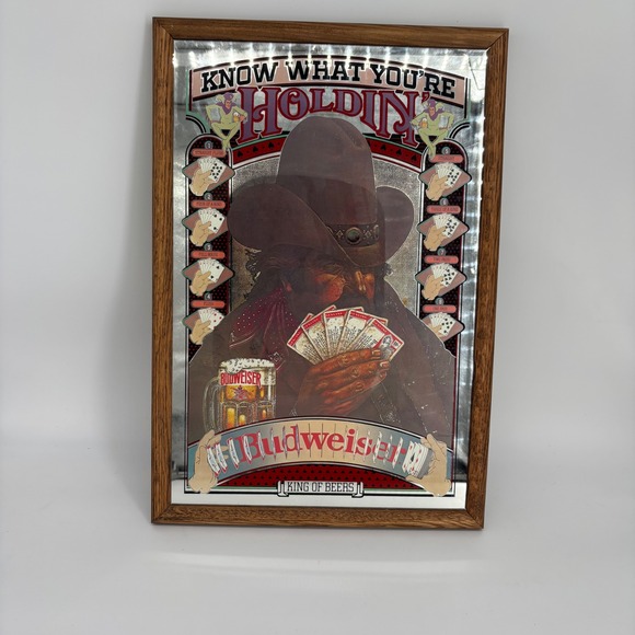 VTG 1980s Budweiser Poker Cowboy Bar Mirror Know What Youre Holdin Advertisingn - Picture 3 of 8